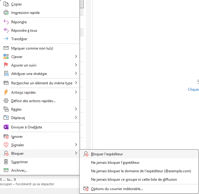Menu Outlook permettant de bloquer l’expéditeur d’un message
