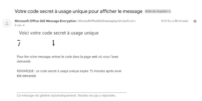 E-mail contenant un code secret à usage unique