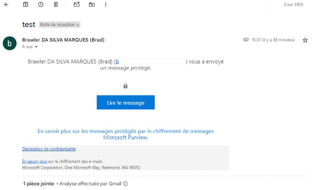 E-mail protégé reçu dans Gmail avec bouton Lire le message