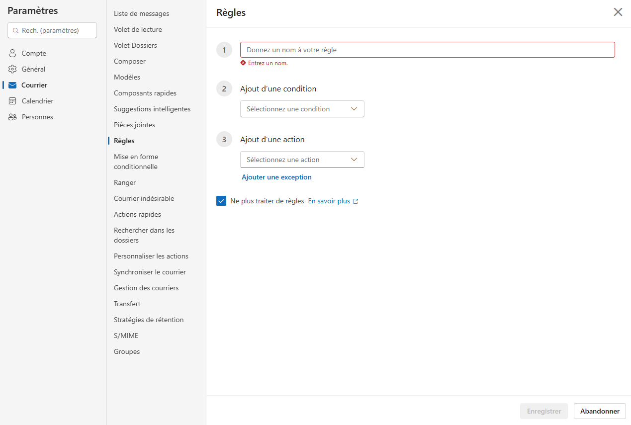 Écran complet d’Outlook Web pour créer une règle avec nom, condition, action et exceptions