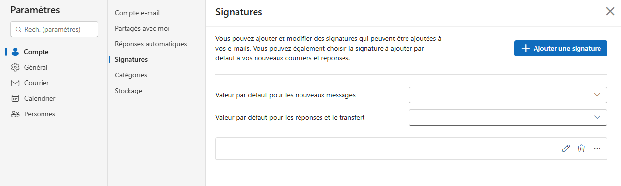 Écran Outlook montrant les réglages de signatures