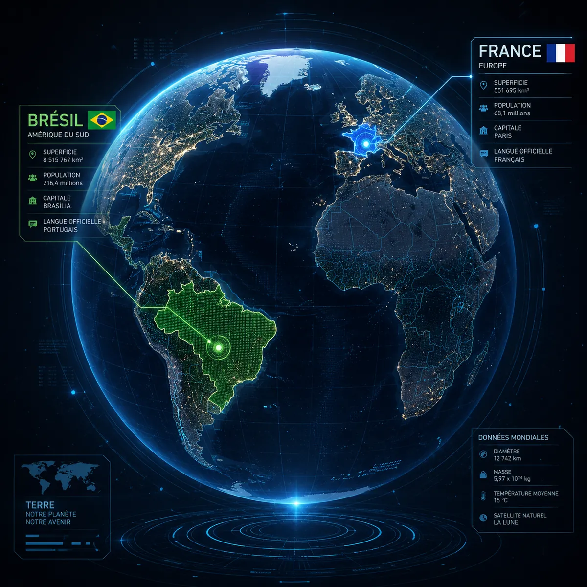 Globe numérique reliant la France et le Brésil, pays du parcours international de Brad